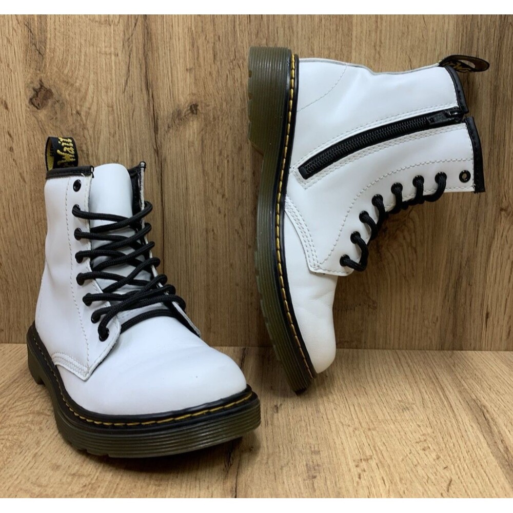 Dr Martens 1460 J Kids US 2 White Leather Lace Up Zip Combat Boots EU 33